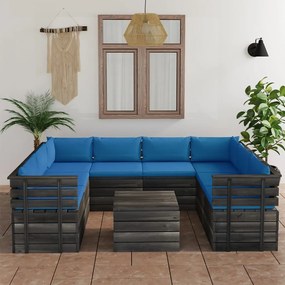 Set mobilier gradina din paleti, 9 piese, cu perne, lemn masiv pin Albastru deschis, 9