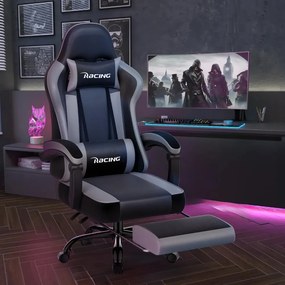 Scaun gaming, Masaj în perna lombară, Suport picioare, Rabatabil 90-165°, piele PU, Negru/Gri