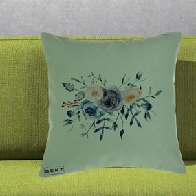 Perna Decorativa Buchet Flori Albastre Acuarela, 40x40 cm, Verde, Husa Detasabila, Perna Inclusa, BEKZ®