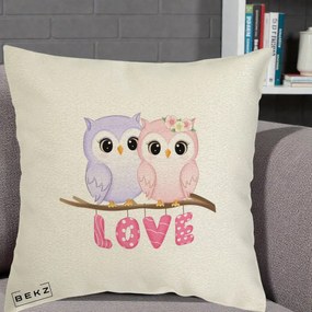 Perna Decorativa Love Bufnite Indragostite pe Crenguta Roz si Mov, 40x40 cm, Ecru, Husa Detasabila, Perna Inclusa, BEKZ®