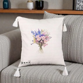 Perna Decorativa Buchet Floral Acuarela Primavara, 40x40 cm, Bej cu Franjuri, Husa Detasabila, Perna Inclusa, BEKZ®