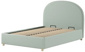 Pat tapițat pentru copii MOON, 140 x 200 cm, verde, cu țesătură bouclé și spațiu de depozitare – Vipack