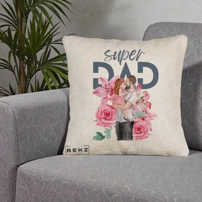 Cadou pentru Tata - Perna Personalizata Super Dad Tata cu Fetita si Flori, 40x40 cm, Bej Canapea, Husa Detasabila, Perna Inclusa, BEKZ®