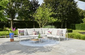 Set mobilier grădină - SUNS Merano - 2 x 2 locuri colțar, masă lounge cu blat din tec și masă mare lounge cu blat aluminiu Camel Sand Soft Grey