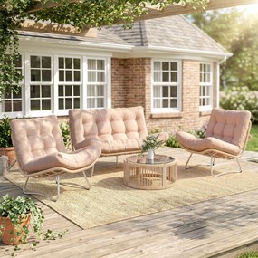 Outsunny Set mobilier grădină 4 piese Polyrattan Lounge cu canapea 2 locuri 2 fotolii masă cu sticlă șezut lat și adânc perne groase | Aosom Romania