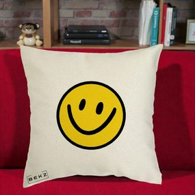 Perna Decorativa Smiley Face Galben Clasic, 40x40 cm, Ecru, Husa Detasabila, Perna Inclusa, BEKZ®