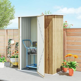 Outsunny Căsuță pentru Grădină 1.07m² din Oțel Galvanizat, Căsuță pentru Unelte cu Ușă Blocabilă, Acoperiș Înclinat, 142x86x189 cm, Imitatie Lemn | Aosom Romania