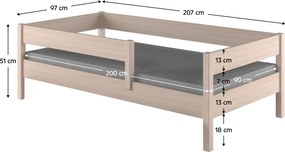 Pat pentru copii cu barieră, stejar albit, 90x200, MIX