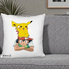 Perna Personalizata Ash si Pikachu, 40x40 cm, Alb Pufos, Husa Detasabila, Perna Inclusa, BEKZ®