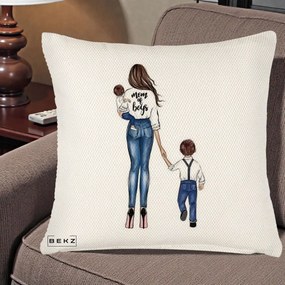 Cadou pentru Mama - Perna Personalizata Mom of Boys Mama cu Baietii, 40x40 cm, Crem Reliefat, Husa Detasabila, Perna Inclusa, BEKZ®