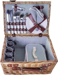 Coș de picnic mare din răchită împletită cu căptușeală în dungi albastre, pentru 4 persoane, „Vendela Large Blue"