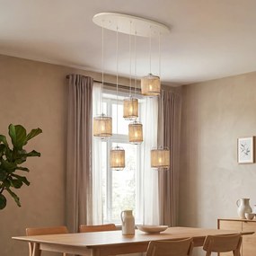 Lampă suspendată Japandi bej cu abajururi din material textil cu 6 lumini - Yente