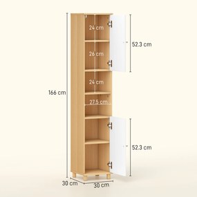 HOMCOM Dulap de Baie înalt cu Uși, 2 Rafturi Deschise, 2 Dulapuri, Dulap de Baie Economisitor de Spațiu cu Rafturi Reglabile pentru Sala de Mese Sufragerie, 30x30x166 cm, Alb și Lemn | Aosom Romania