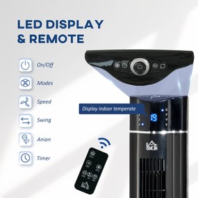 HOMCOM Ventilator Coloană Ionizator cu 3 Viteze, 3 Moduri și Temporizator 8h, Ventilator Podea ABS, Ø32x106.8 cm, Negru