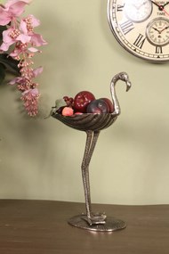 Bol decorativ din aluminiu reciclat, argintiu, fructieră înaltă în formă de flamingo, statuetă decorativă pe picior, finisaj lucios, 76 x 38 x 28 cm,