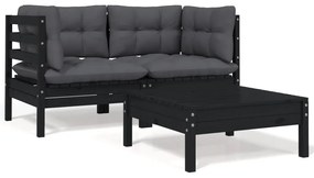 806680 vidaXL Set mobilier grădină cu perne, 3 piese, negru, lemn masiv pin