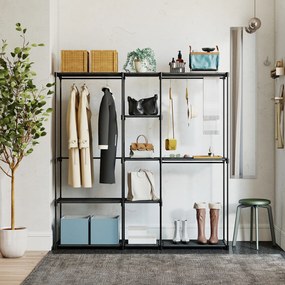 HOMCOM Dulap Garderobă din Material Textil cu 8 Rafturi și 3 Bare pentru Agățat, 182x43x185 cm, Negru | Aosom Romania