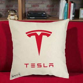 Perna Personalizata cu emblema Tesla, 40x40 cm, Ecru, Husa Detasabila, Perna Inclusa, BEKZ®
