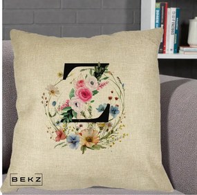 Cadou Personalizat - Perna Personalizata Monograma Florala Litera Z cu Coroana, 40x40 cm, Crem, Husa Detasabila, Perna Inclusa, BEKZ®