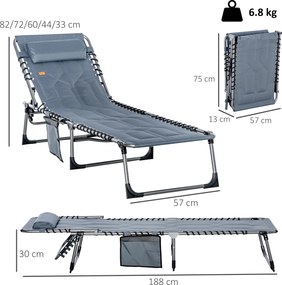 Outsunny Șezlong, șezlong de grădină pliant, șezlong pliant cu pernă, spătar reglabil în 5 trepte, țesătură Oxford, 188 x 57 x 30 cm, Gri | Aosom Romania