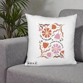 Perna Decorativa Life is a Balance Floral, 40x40 cm, Alb Pufos, Husa Detasabila, Perna Inclusa, BEKZ®