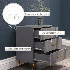 HOMCOM Comodă pentru Dormitor, Dulap Modern cu 3 Sertare,  Sertar de Depozitare cu Picioare din Aluminiu, 60x40x71.5 cm, Gri Închis