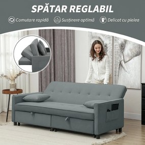 HOMCOM Canapea Extensibilă cu 3 Locuri, Brațe și 2 Perne, 196x90x89 cm, Gri | Aosom Romania