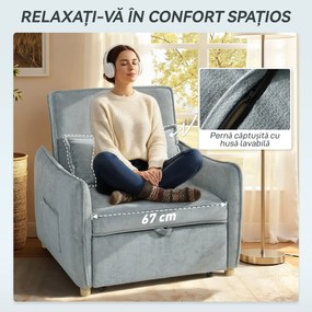 HOMCOM Fotoliu Pat 3 în 1 Pliabil, Spătar Reglabil 3 Poziții, Șezut Spațios, Pernă Detasabilă, Fotoliu Transformabil din Chenille cu Roți și Buzunare, 88x84x87 cm, Gri | Aosom Romania