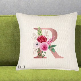 Cadou Personalizat - Perna Personalizata Monograma Rose Gold Litera R, 40x40 cm, Crem Reliefat, Husa Detasabila, Perna Inclusa, BEKZ®