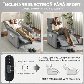 HOMCOM Fotoliu Relaxant Electric de Masaj și Încălzire cu Suport pentru Picioare, Silențios, Reclinabil 150° în Catifea Prietenoasă cu Animalele cu Funcție de Memorare, 2 Telecomenzi pentru Sufragerie, Gri | Aosom Romania