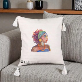 Perna Decorativa Portret Femeie Urbana Acuarela, 40x40 cm, Bej cu Franjuri, Husa Detasabila, Perna Inclusa, BEKZ®