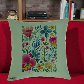 Perna Decorativa Gradina Florala Acuarela Colorata, 40x40 cm, Verde, Husa Detasabila, Perna Inclusa, BEKZ®