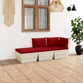 Set mobilier gradina din paleti cu perne, 3 piese, lemn molid Bordo, colt + mijloc + suport pentru picioare, 1