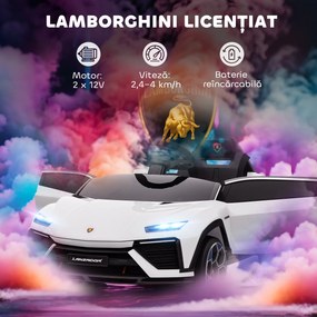 AIYAPLAY Mașină Electrică pentru Copii Licență Lamborghini cu Claxon și Telecomandă, 101.5x49x43 cm, Albă | Aosom Romania
