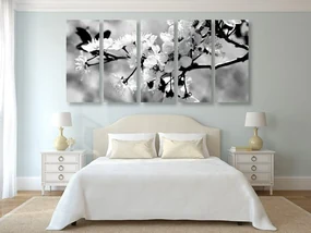 Tablou 5-piese floare de cireș în design alb-negru