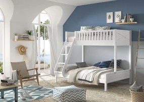 Pat supraetajat pentru familie SCOTT, alb, 140 x 200 cm + 90 x 200 cm, din pin scandinav și MDF, cu somiere incluse – Vipack