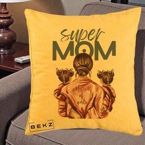 Cadou pentru Mama - Perna Personalizata Super Mom of Girls Mama cu Gemene, 40x40 cm, Galben, Husa Detasabila, Perna Inclusa, BEKZ®