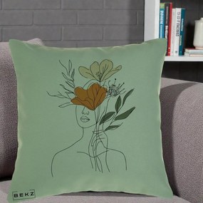 Perna Decorativa Portret Feminin Coroana Florala, 40x40 cm, Verde, Husa Detasabila, Perna Inclusa, BEKZ®