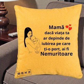 Cadou pentru Mama - Perna Personalizata Mama Nemuritoare Linie, 40x40 cm, Galben, Husa Detasabila, Perna Inclusa, BEKZ®