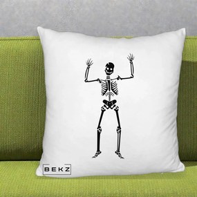 Perna Decorativa Halloween Schelet Dansator, 40x40 cm, Alb Pufos, Husa Detasabila, Perna Inclusa, BEKZ®