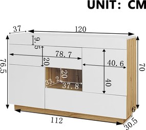 Bufet cu iluminare LED, vitrină cu sertare, 120x37x76,5 cm, Alb