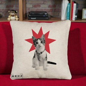 Perna Decorativa Pisica Star Pop Art, 40x40 cm, Bej Canapea, Husa Detasabila, Perna Inclusa, BEKZ®