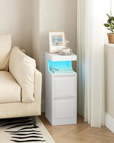 NOA79 - Set 2 Noptiere, 24 cm, foarte inguste, cu LED, 2 Sertare si Raft - Alb