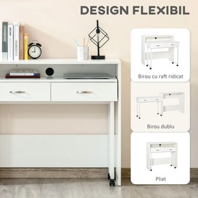 HOMCOM Birou Dublu Ergonomic Separabil cu Role, Rafturi Interioare pentru Organizare Eficientă, Design Modern, Alb, 100x36x88 cm | Aosom Romania