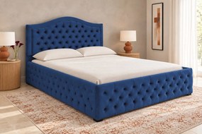 Pat tapițat Chesterfield din catifea Solaria Deluxe 160×200 cm, albastru, cu ladă de depozitare