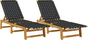 vidaXL Șezlonguri, 2 buc., negru, lemn masiv de acacia și țesătură