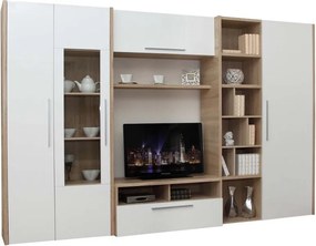 Mobilier living SMERA – 300x45x196 cm – Alb lucios / Sonoma