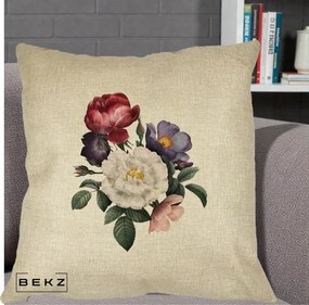 Perna Decorativa Buchet Trandafiri Bujori Botanical, 40x40 cm, Crem, Husa Detasabila, Perna Inclusa, BEKZ®