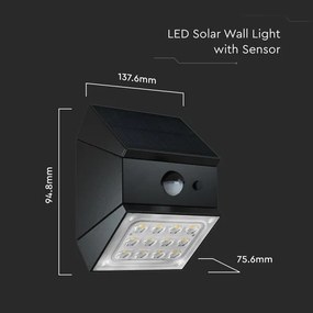 Aplică solară de perete cu senzor, LED 2,5 W / 3,7 V, IP65, 1200 mAh, negru