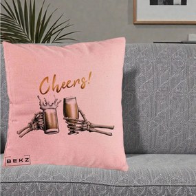 Perna Decorativa Halloween Cheers Schelete cu Bere, 40x40 cm, Roz, Husa Detasabila, Perna Inclusa, BEKZ®
